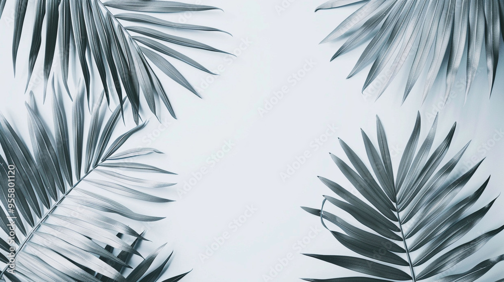  Silver color tropical leaves isolated on copy space abstract background