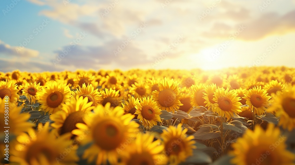 Obraz premium Sunlit Field of Bright Yellow Sunflowers at Sunset