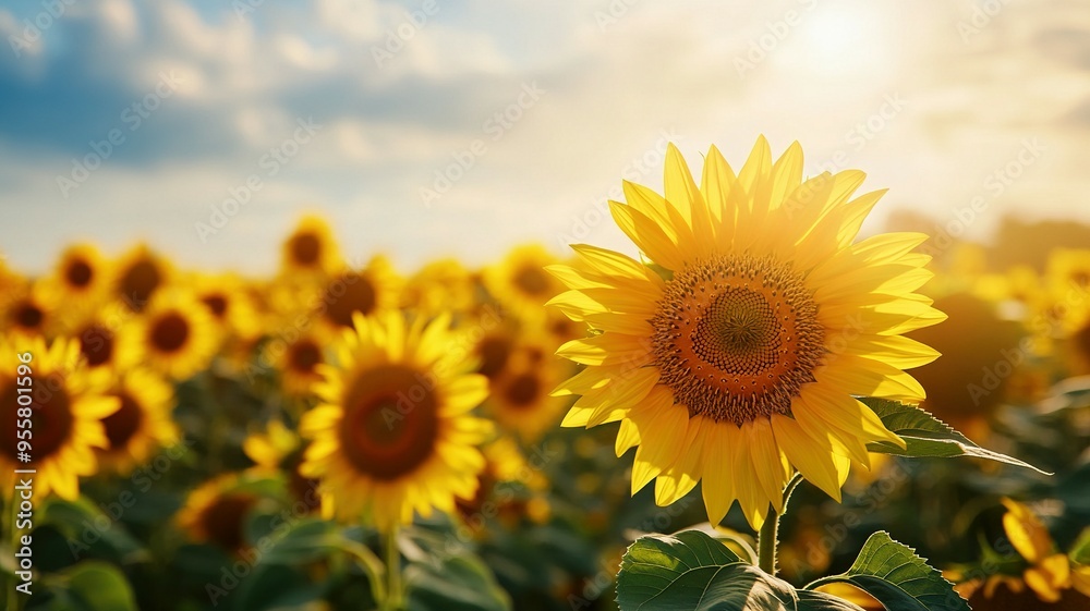 A Single Sunflower in a Field of Sunflowers Under a Sunny Sky A Single Sunflower in a Field of Sunflowers Under a Sunny Sky