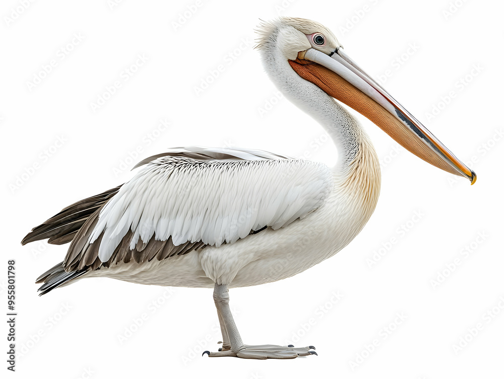 A majestic pelican standing gracefully, showcasing its striking white feathers and distinctive long bill. A majestic pelican standing gracefully, showcasing its striking white feathers and distinctive long bill.