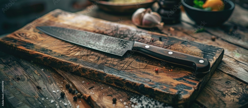 A Knife Placed On A Wooden Cutting Board A Knife Placed On A Wooden Cutting Board