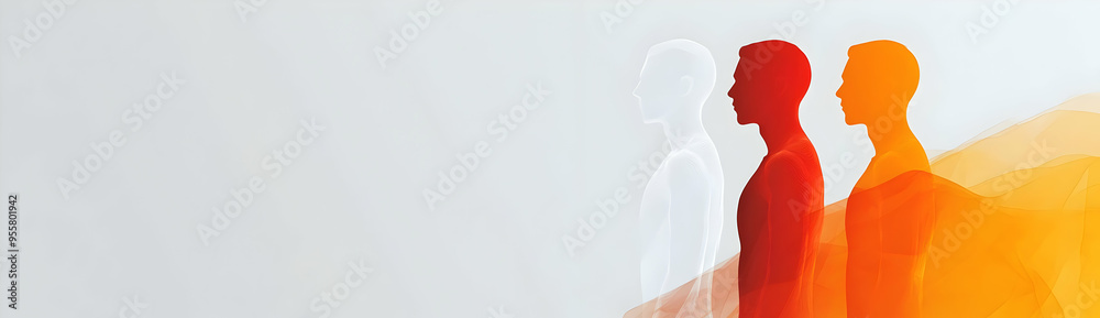 Fototapeta premium Abstract representation of three human figures in shades of red and orange, symbolizing diversity and connection.