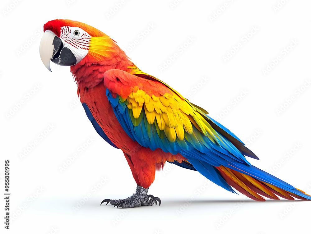 Fototapeta premium A vibrant macaw perched elegantly, showcasing its stunning red, yellow, and blue feathers against a clean white background.