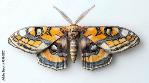 A stunning close-up of a colorful moth displaying intricate patterns and vibrant colors against a light background. photo