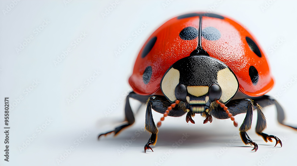 Close-up of a vibrant red ladybug showcasing its distinct black spots on a light background, ideal for nature-themed projects. Close-up of a vibrant red ladybug showcasing its distinct black spots on a light background, ideal for nature-themed projects.