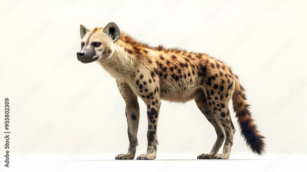 Fototapeta premium A detailed image of a hyena showcasing its unique features and characteristics against a plain background.