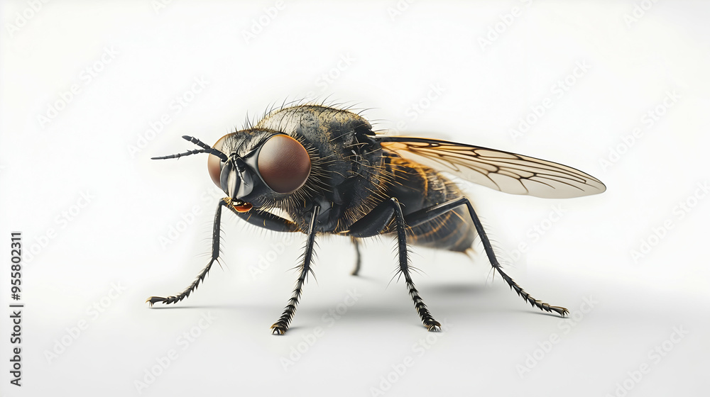Close-up of a common fly showcasing intricate details and textures of its body and wings against a clean white background. Close-up of a common fly showcasing intricate details and textures of its body and wings against a clean white background.