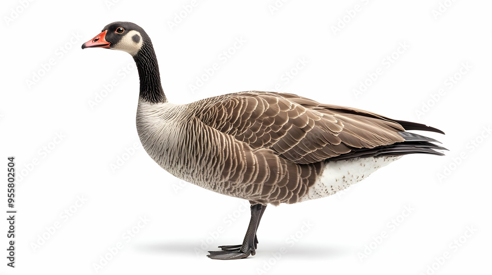 A majestic goose stands elegantly, showcasing its striking features and beautiful plumage against a clean, white background. A majestic goose stands elegantly, showcasing its striking features and beautiful plumage against a clean, white background.