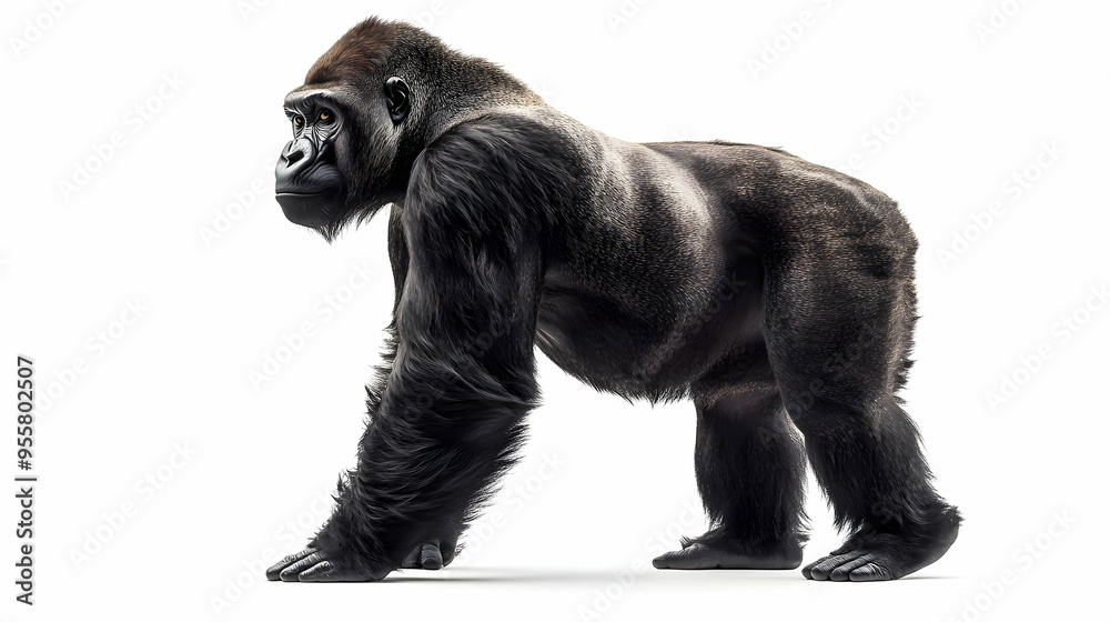 A majestic gorilla stands in profile, showcasing its powerful physique and expressive features against a clean, white background. A majestic gorilla stands in profile, showcasing its powerful physique and expressive features against a clean, white background.