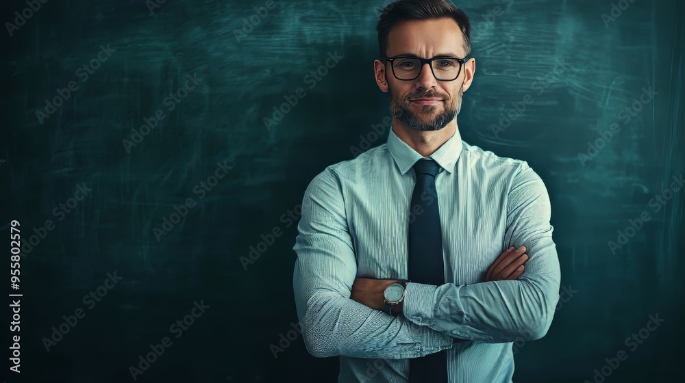 Confident Caucasian male teacher in a classroom with crossed arms. Confident Caucasian male teacher in a classroom with crossed arms.