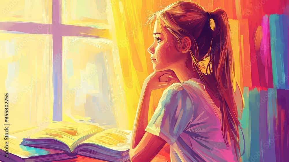 Thoughtful Caucasian girl enjoying a moment by the window with a book. Thoughtful Caucasian girl enjoying a moment by the window with a book.