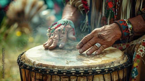 Large drums are traditional American musical instruments used in Powwow events of Native tribes, often made of wood and animal skins.