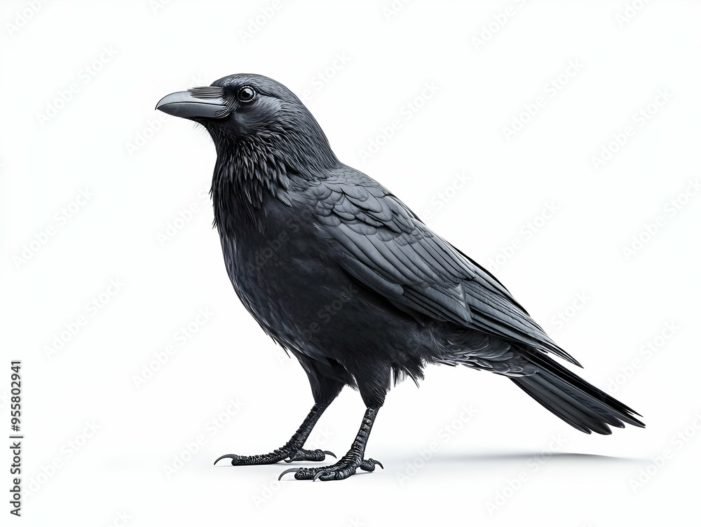 Fototapeta premium A striking black raven standing elegantly, showcasing its glossy feathers and sharp features against a plain background.