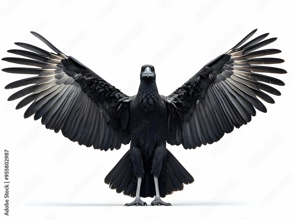 Naklejka premium Majestic black bird with outstretched wings, showcasing intricate feather details on a white background.