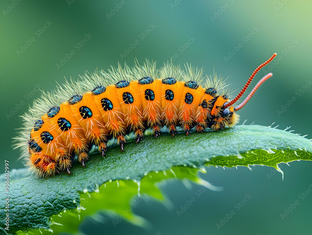 Close-up of a vibrant orange caterpillar resting on a lush green leaf, showcasing intricate details and textures. Close-up of a vibrant orange caterpillar resting on a lush green leaf, showcasing intricate details and textures.
