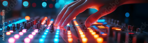 A close-up of a hand adjusting colorful buttons on a sound mixer, highlighting the art of music production and performance. photo