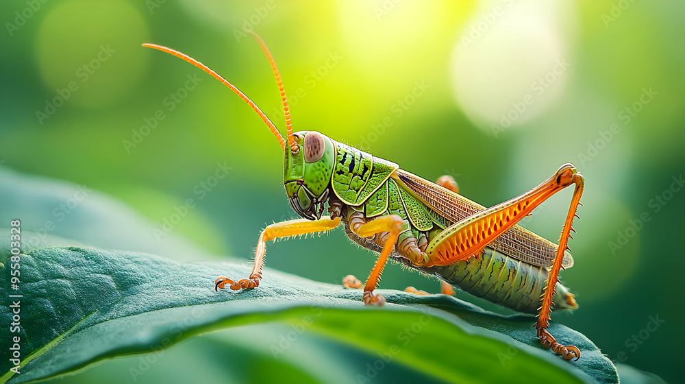 Fototapeta premium A vibrant grasshopper perched on a green leaf, showcasing colorful patterns and intricate details in a natural setting.