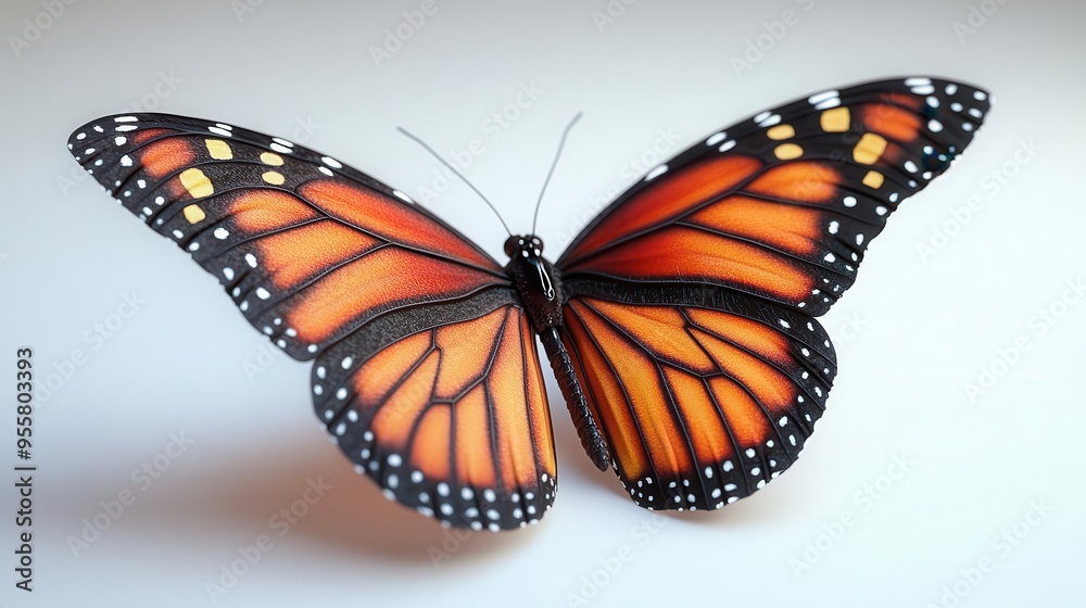 Fototapeta premium hyperrealistic 3d render of a vivid orange monarch butterfly with intricate wing patterns posed midflight against a pure white backdrop