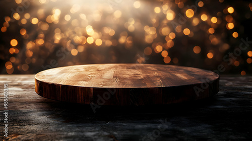 Elegant wooden platform with soft bokeh background, perfect for showcasing products and enhancing visual presentations. photo
