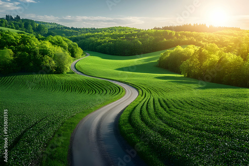 A serene landscape featuring a winding road through lush green fields under a bright sun, perfect for nature lovers.