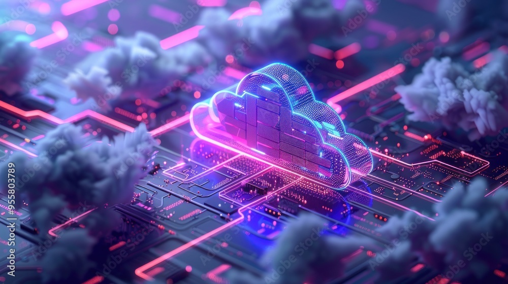 Cloud computing technology and online data storage for business network concept. Computer connects to internet server service for cloud data transfer presented in 3 D futuristic graphic interface. Cloud computing technology and online data storage for business network concept. Computer connects to internet server service for cloud data transfer presented in 3 D futuristic graphic interface.
