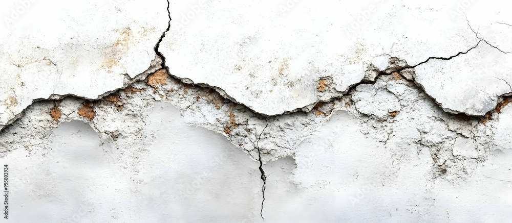 Obraz premium Textured close-up of cracked wall plaster, showcasing signs of age and wear, perfect for backgrounds or design projects.