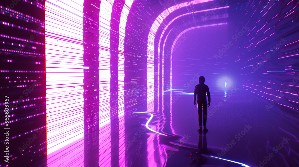 3D person silhouette standing in data tunnel with neon curve beams futuristic glow digital virtual space cyberpunk vr technology abstract purple background 3D person silhouette standing in data tunnel with neon curve beams futuristic glow digital virtual space cyberpunk vr technology abstract purple background