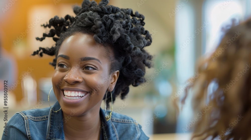 Obraz premium Smiling Woman with Natural Curly Hair in Casual Denim Jacket in Bright Indoor Setting