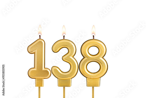 Birthday candle number 138 on white background