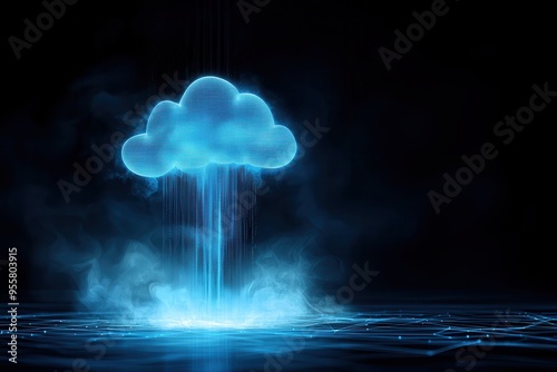 A glowing blue cloud emits beams of light, creating an ethereal atmosphere with mist, perfect for digital and futuristic themes.