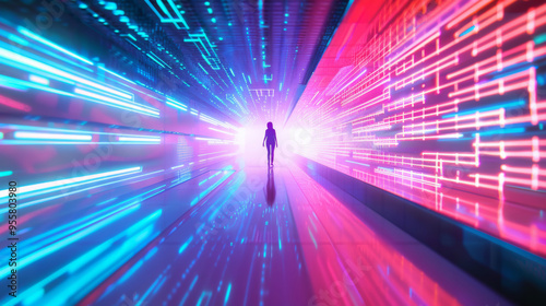 3D person silhouette standing in exploding virtual space with walls of holographic projections of digital code and data light beams futuristic cyberpunk vr technology blue red neon background