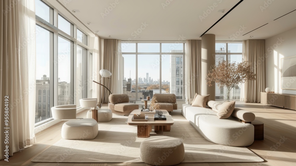 Modern Minimalist Living Room with Large Windows and City View Modern Minimalist Living Room with Large Windows and City View