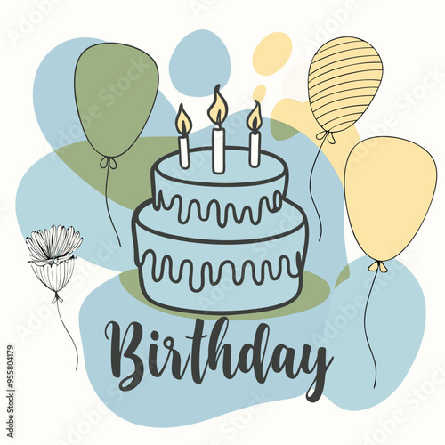 Happy Birthday Celebration Illustration with Balloons, Gifts, and Cake