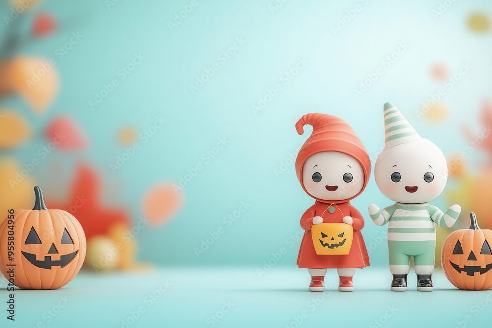 Obraz premium Trickortreaters celebrating a Halloween festival, vibrant folklore elements, flat design illustration