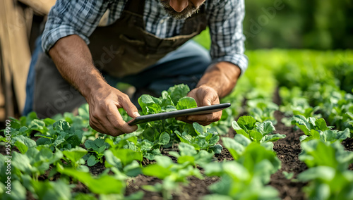 A farmer inspects healthy green crops using a tablet in a sunlit field, combining technology with agriculture for better yields. photo