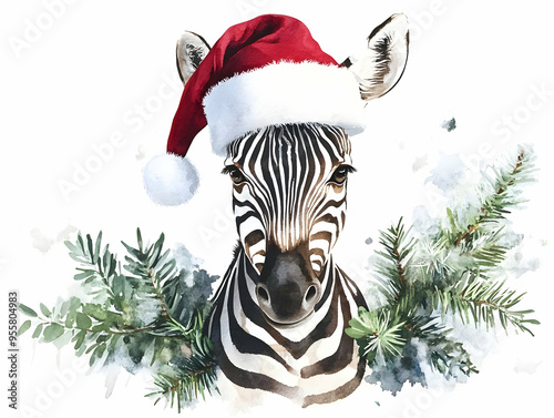 A playful zebra wearing a Santa hat surrounded by festive greenery, perfect for holiday-themed designs and decorations. photo