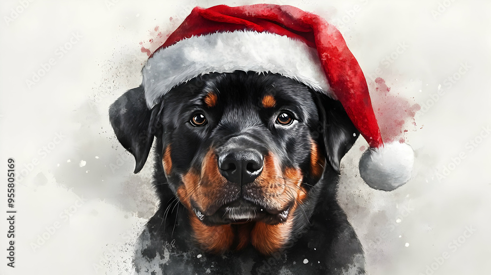 A festive Rottweiler wearing a Santa hat, exuding holiday cheer with a charming and adorable expression. A festive Rottweiler wearing a Santa hat, exuding holiday cheer with a charming and adorable expression.