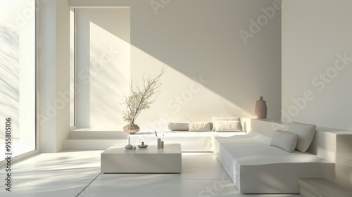 Minimalist Sunlit Living Room with Modern Furniture and Natural Decor in Neutral Tones