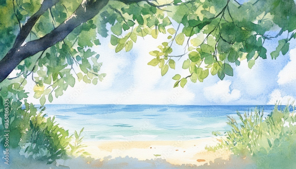Fototapeta premium A serene beach view framed by lush green leaves, showcasing tranquil waters and a peaceful sky, ideal for relaxation and inspiration.