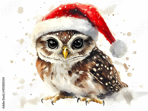 Whimsical owl wearing a festive Santa hat, perfect for holiday-themed projects and seasonal illustrations. photo