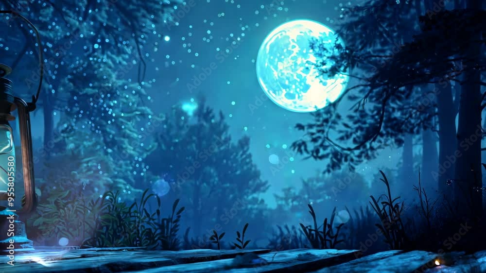 Full moon night romantic scene with lantern on wooden table Full moon night romantic scene with lantern on wooden table