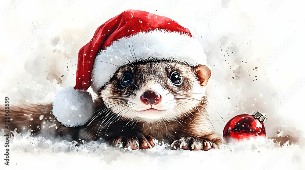 Adorable ferret in a Christmas hat, surrounded by snowflakes and a festive ornament, perfect for holiday-themed designs. Adorable ferret in a Christmas hat, surrounded by snowflakes and a festive ornament, perfect for holiday-themed designs.