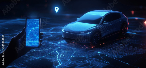 GPS Navigation App on Smartphone with Car on Digital Map