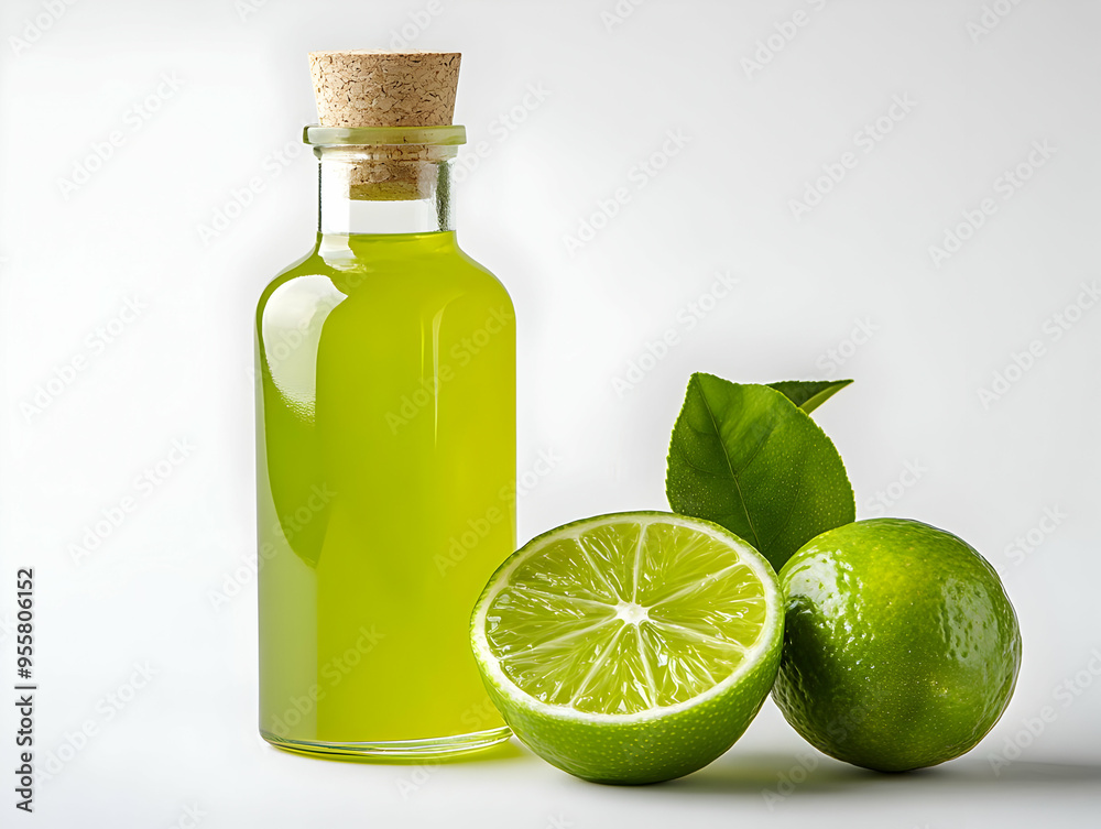 A vibrant bottle of lime oil beside fresh limes. Perfect for culinary, health, and beauty applications. A vibrant bottle of lime oil beside fresh limes. Perfect for culinary, health, and beauty applications.