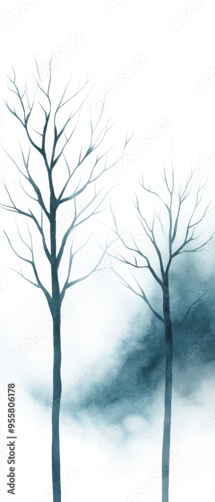 Obraz premium A serene landscape featuring two bare trees against a misty, ethereal background, capturing a tranquil and minimalist vibe.