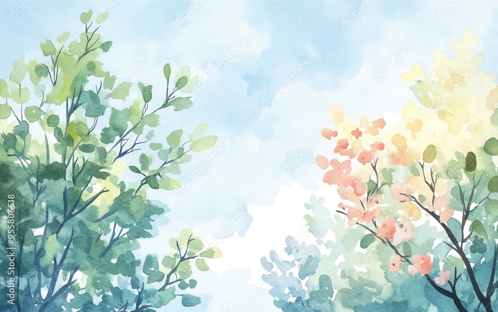 A serene watercolor illustration of lush greenery and soft clouds, perfect for nature-themed designs and calming imagery. A serene watercolor illustration of lush greenery and soft clouds, perfect for nature-themed designs and calming imagery.