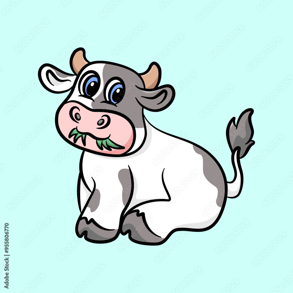 Obraz premium cow eating grass cartoon vector illustration