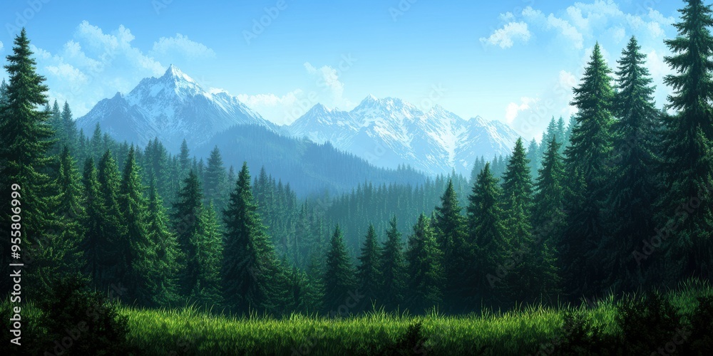 A tranquil landscape featuring majestic mountains and lush green forests under a clear blue sky. A tranquil landscape featuring majestic mountains and lush green forests under a clear blue sky.