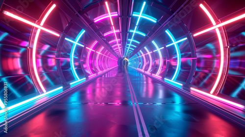 3D winding tunnel car entrance in vibrant neon lights with cyberpunk style futuristic colorful cool dimension universe likely atmosphere citypop club party purple blue background photo