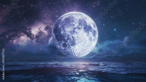 A 3D white moon with a glowing texture surface on beautiful relaxing wave wide ocean gradient night cinematic design purple blue dreamy refresh background